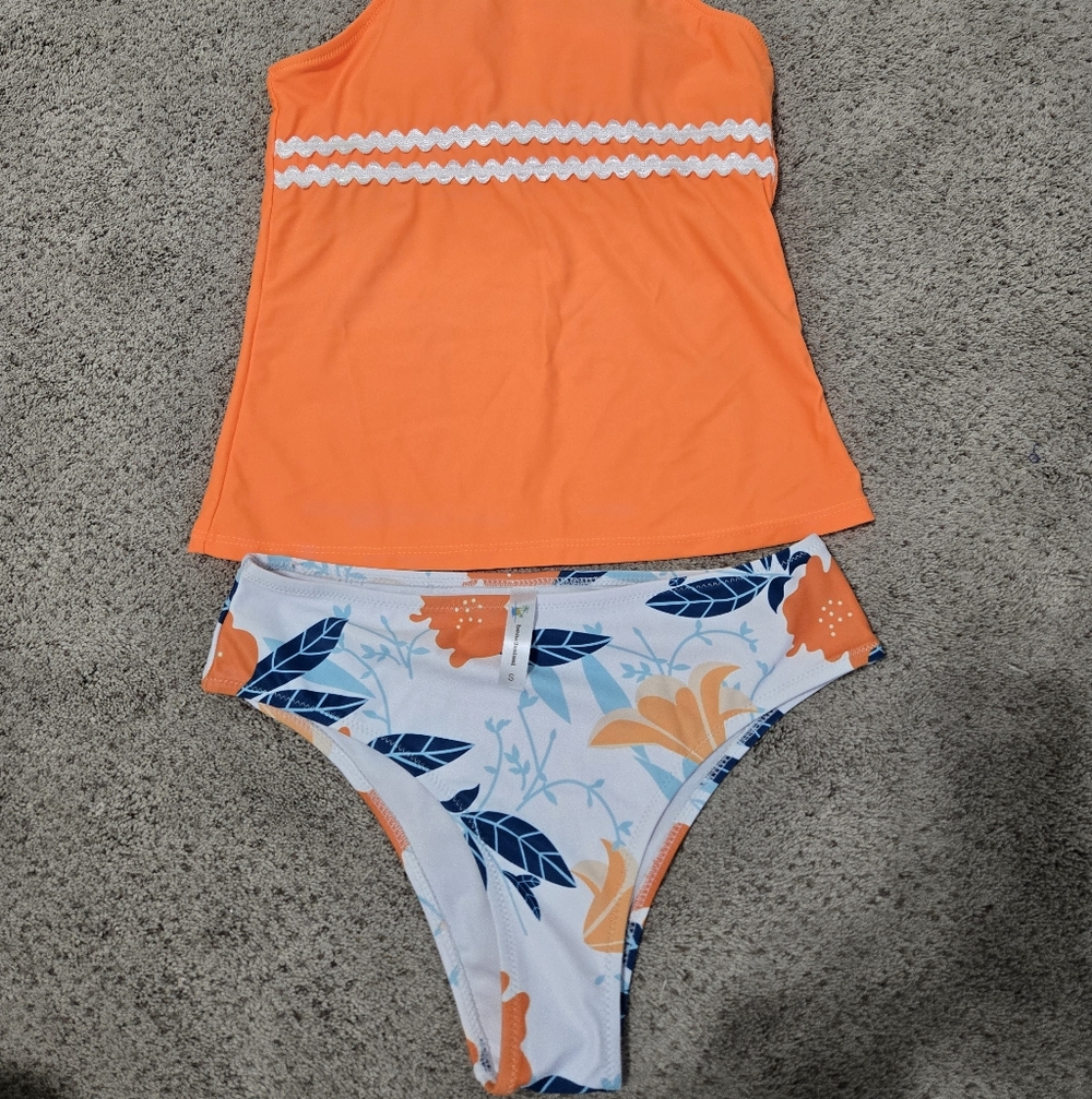 Beach Sissi Women's Orange Tankini Swim Set with Floral Bottom Bikini